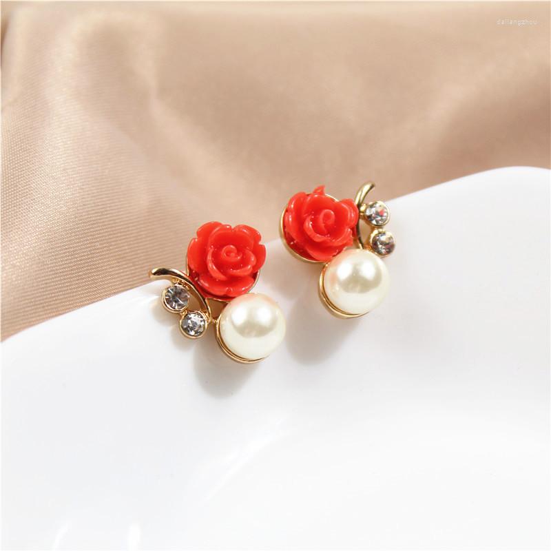 

Stud Earrings Fashion Sweet Red Rose Artificial Pearl Crystal Flowers Jewelry Accessory Party Gift For Women