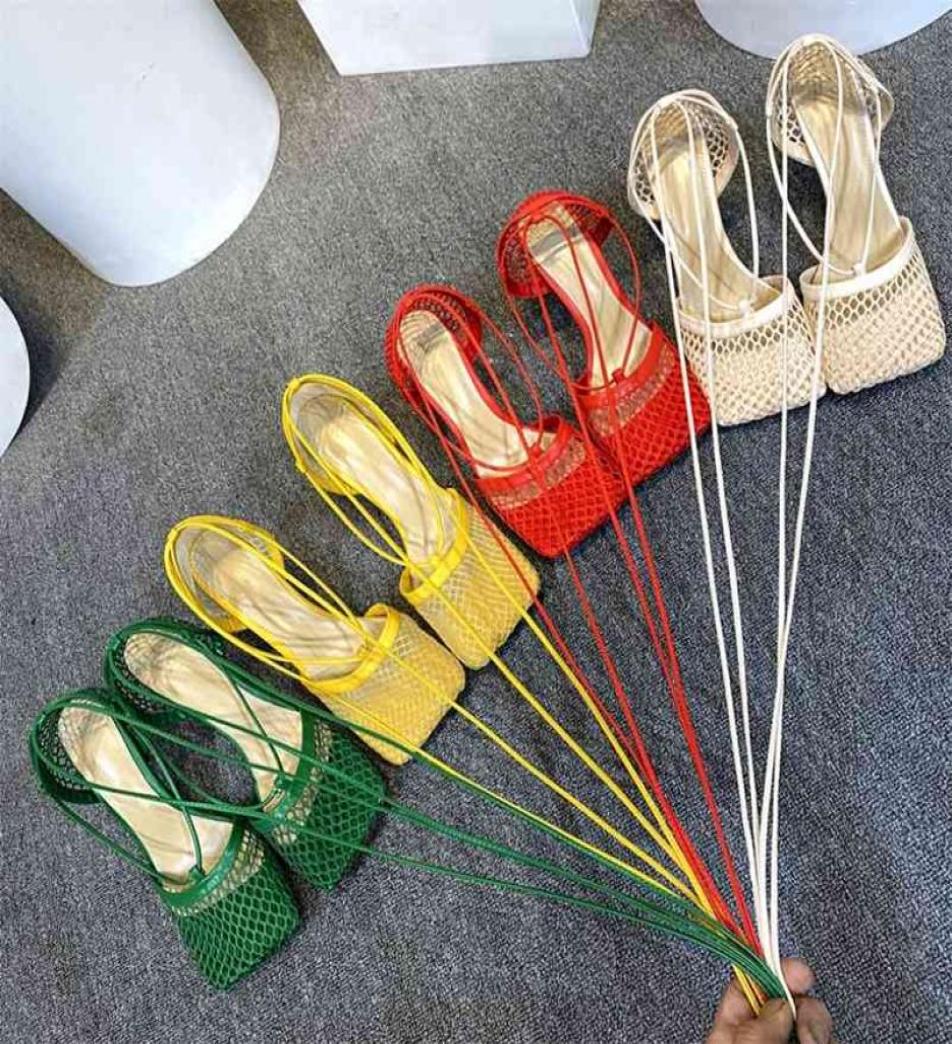 

Hollow Breathable Mesh Women Sandals Square Toe Stiletto High Heels Ankle LaceUp Elegant Dress Shoes Large Size 43 Pumps 2106104775276, Green