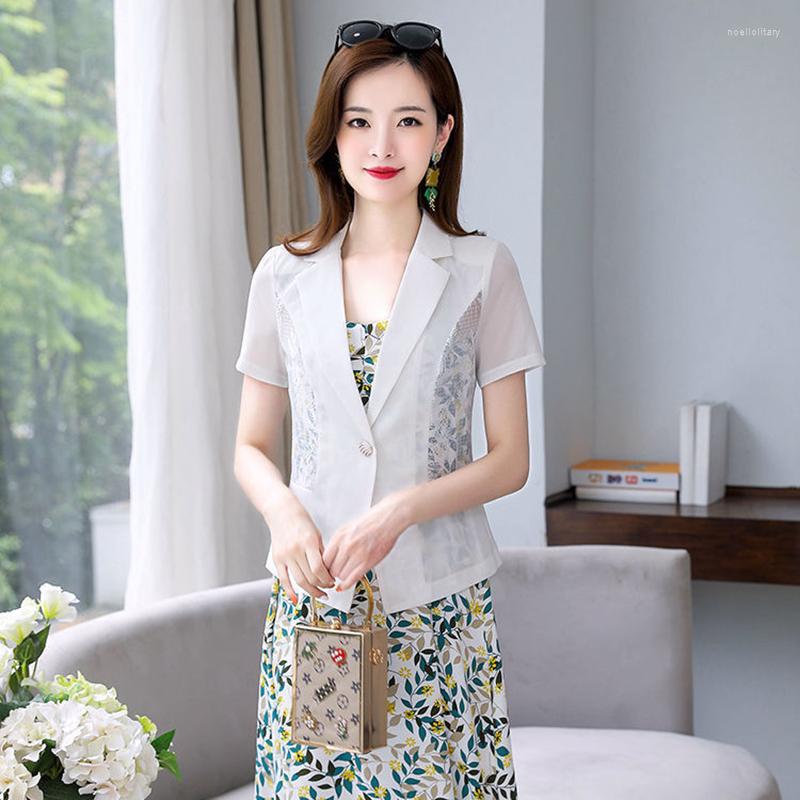 

Women's Suits Women Blazer Jacket Summer 2023 Fashion Thin Cardigan Sun Protection Clothing Hollow Lace Short Sleeve Suit Tops Ladies R2726, White