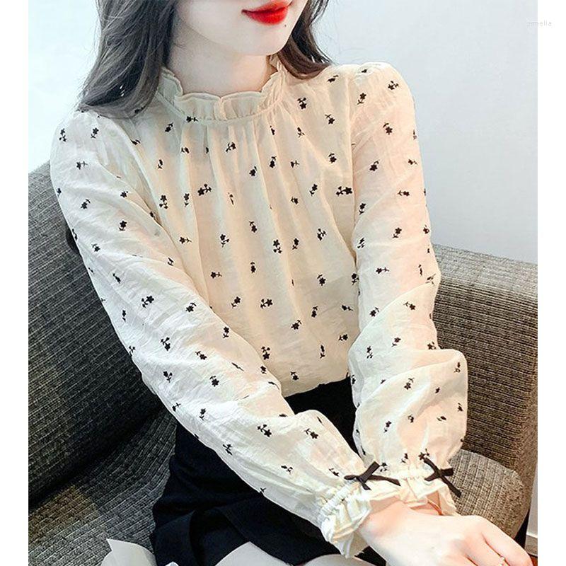 

Women's Blouses Early Autumn Blouse Female 2023 Stand Collar Long Sleeve Printed Chiffon Shirt Women Design Sense Casual, Creamy-white