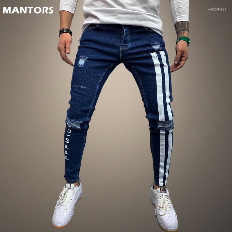 

Men's Jeans Streetwear Fashion Mens Hole Pencil Pants Skinny Slim Denim Ripped For Men Hip Hop Stripe Cotton Trousers, Lck303blue