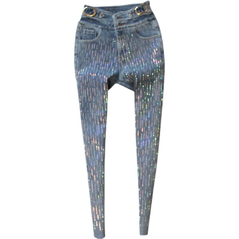 

Jeans 2022 spring autumn new fashion highwaisted metal buckle jeans women color striped rhinestone shiny skniiy pencil jeans, Sky blue
