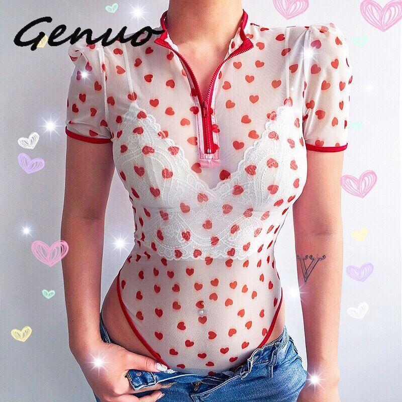 

Women' Jumpsuits Sexy Women Red Heart Pattern Mesh Bodysuit 2023 Spring And Summer Cute Sweet Lantern Sleeve White Bodycon Rompers With