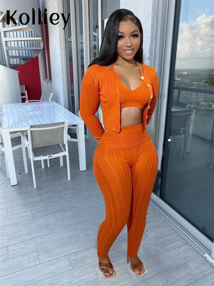 

Pants Kolliey Fall Brown Knitted Sweater 3 Three Piece Sets Women Outfit 2022 Black Long Sleeve Cardigan Halter Crop Top And Pants Set, Orange