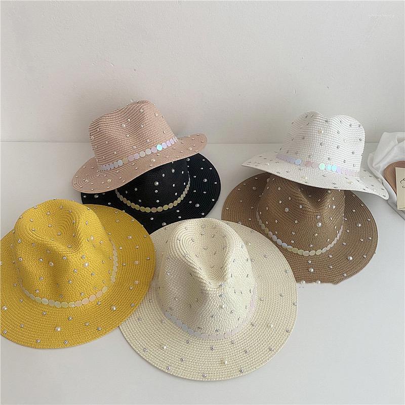 

Wide Brim Hats Designer Natural Panama Soft Shaped Pearl Straw Hat Summer Women Sun Cap Birthday Gift UV Protection Fedora, White