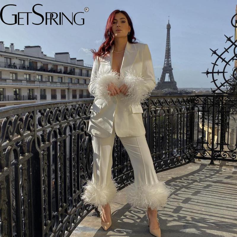 

Pants GetSpring Women Blazer Temperament Simple Feather Stitched Single Breasted Full Sleeve Loose Long Ladies Suit Coat Female Top, White