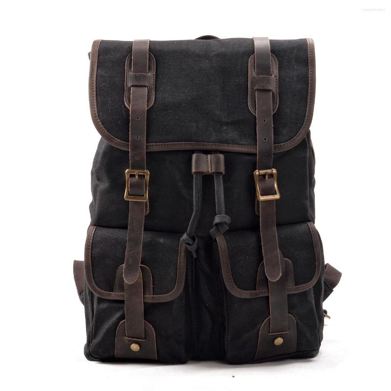 

Backpack Retro Men's Canvas Stitched Cowhide Rucksack Travel Mountaineering Bag Camping Outdoor Hiking, Black