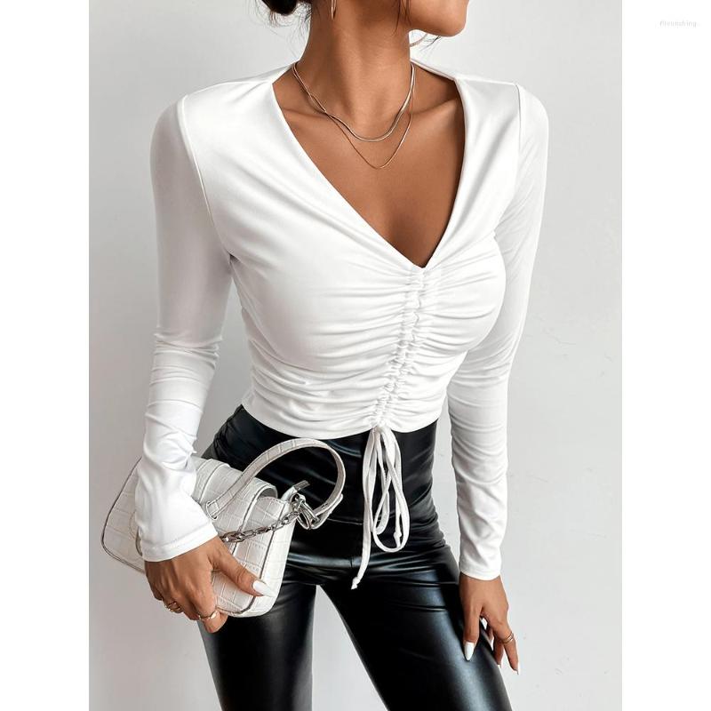 

Women's T Shirts Sexy Women Long Sleeve V Neck Drawstring T-Shirt Ladies Fashion Bodycon Tank Autumn Daily Casual Top, 21806-white