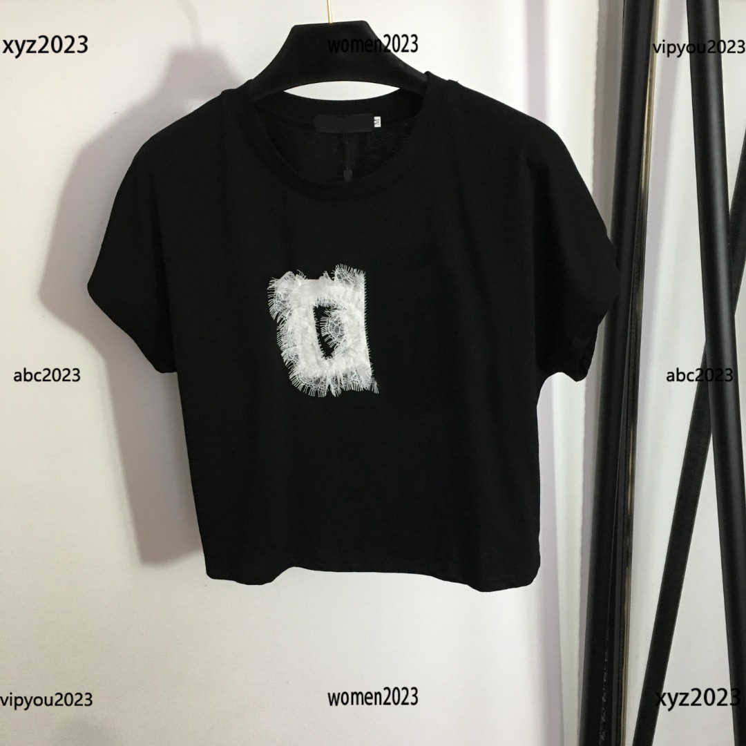 

Women's T-Shirt Lace embroidery tees Letter patch short sleeved round neck t shirt Size S-L summer fashion tops April18, #4