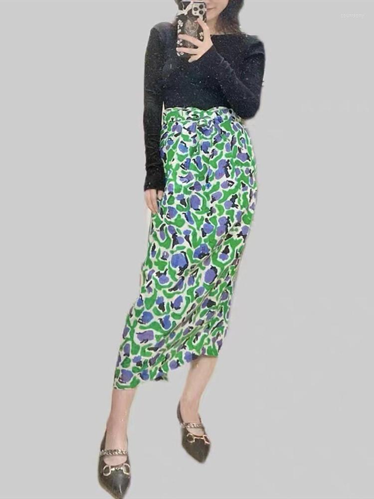

Skirts Women Fresh Floral Print Skirt Slit Elastic High Waist 2023 Spring Fashion Ladies Midi Jupe With Pockets