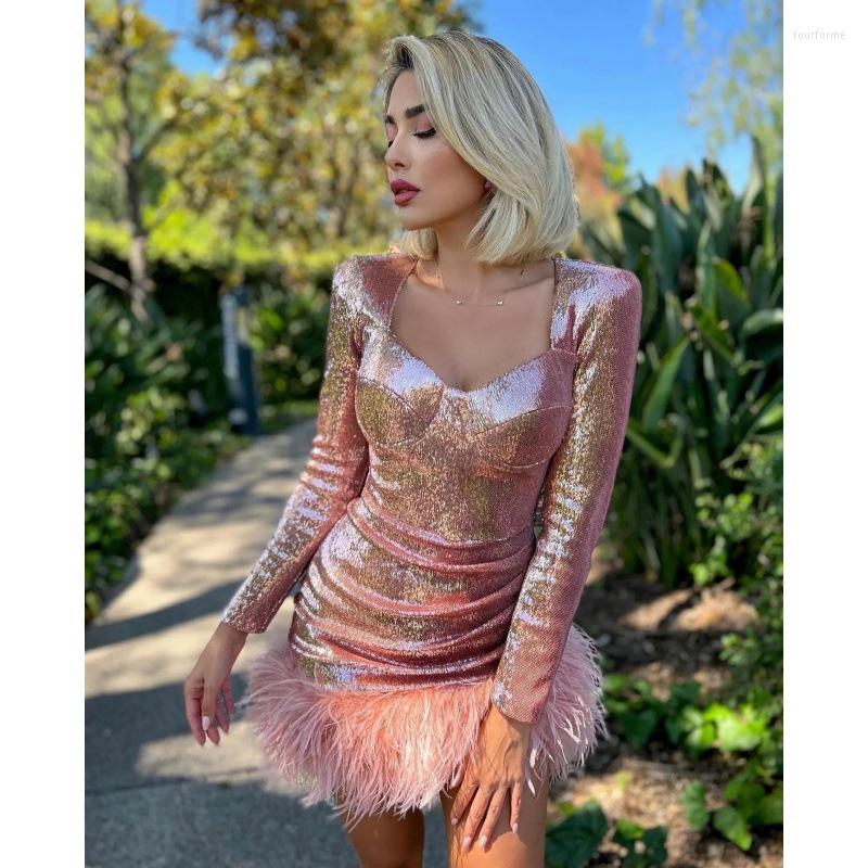 

Party Dresses Square Collar Short Meimaid Prom Dress Sexy Sequin Pleated Mini Feathers Women Cocktail Banquet Evening Gown JQ957, Pink