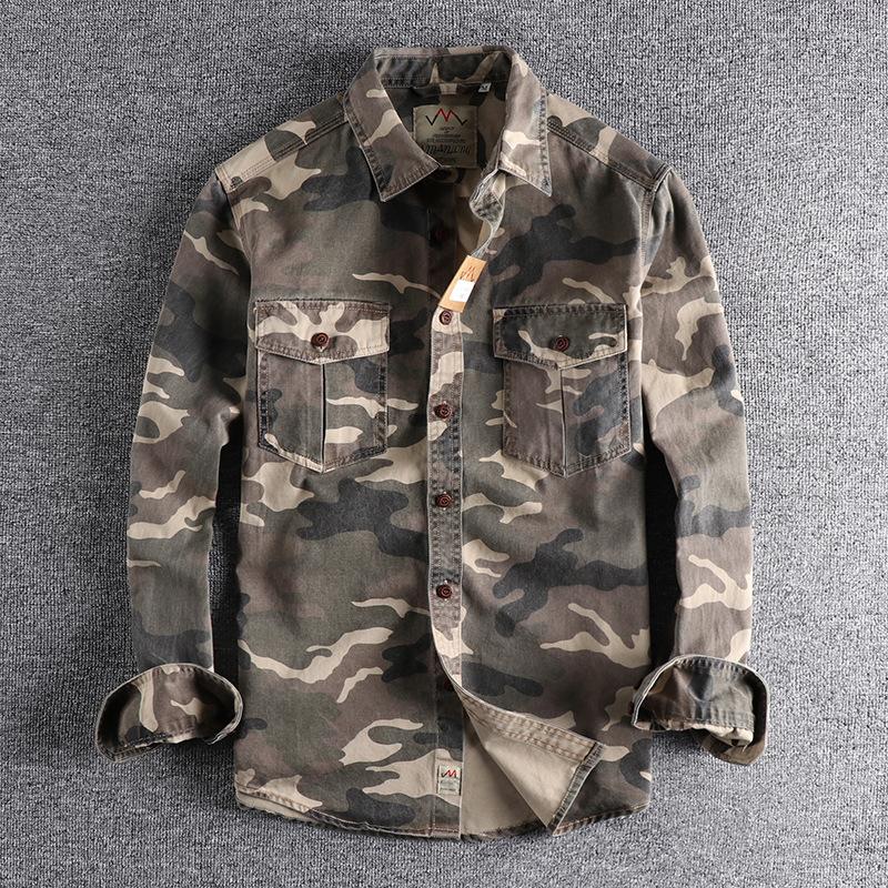 

Men's Casual Shirts Durable Cargo Men Tops Quality Outdoor Hiking Sport Camouflage Military Single Breasted Camicia, Camo green