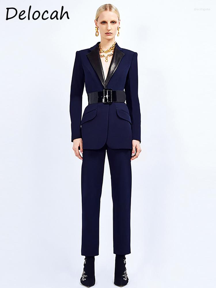 

Women' Two Piece Pants Delocah High Quality Early Spring Women Fashion Designer Sets Long Sleeve With Belt Jacket Waist Blue Suits