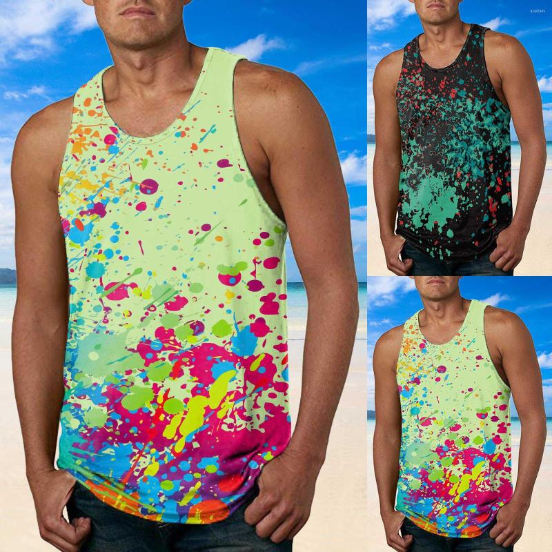 

Men's Tank Tops Mens 3D Digital Printing Tie-dye Printed Summer Fashion Leisure O Neck Vest Men Gym Clothing Bodybuilding Sports Tees, C-white