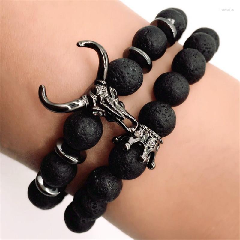 

Strand Punk CZ Bull Head Skull Men Bracelet Charm Lava Stone Beads Fashion Women Crown Bracelets & Bangles Macrame Jewelry Gifts
