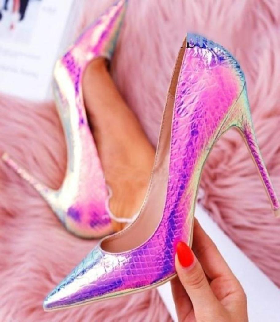 

Dress Shoes Sexy Iridescent Snakeskin High Heel Pump Hologram Patchwork 12cm Stiletto Heels Python Printed Pointy Toe5862973, Green