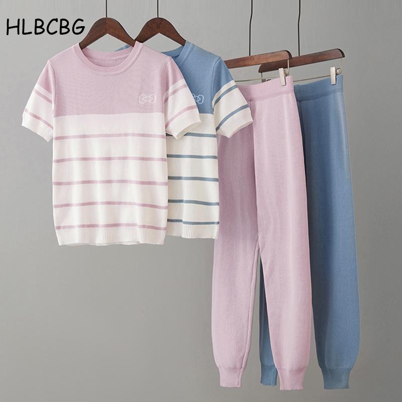 

Pants Korean Summer Butterfly Contrast Knitted 2 Peice Set Women Short Sleeve Sweater Female New Tops+pants Suit Pink Casual Tracksuit
