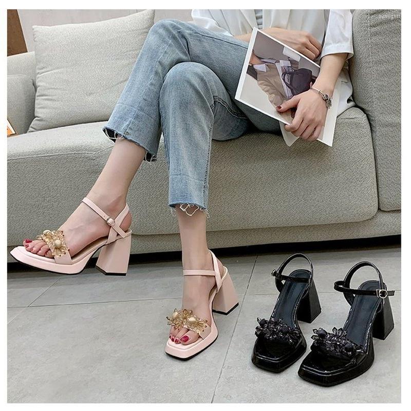 

Dress Shoes Rhinestone Flowers Chunky Platform Sandals Women Summer Ankle Strap Square Toe Sandales Woman Thick Heels Party Sandalias, White
