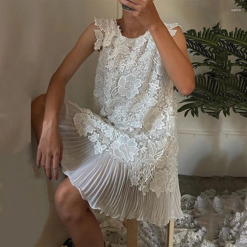

Casual Dresses White Party Women O Neck Sleeveless Lace Short Dress Summer Flower Embroidered Jacquard Loose Mini Vestidos, 01 white