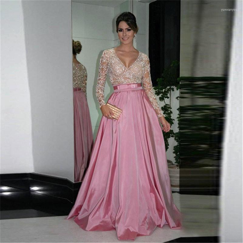 

Party Dresses V Neck Long Sleeves Mother Of The Bride Dress Glitter Bling Prom Bow Belt Satin Skirt Formal Mom Evening Shiny Gown, Same as picture