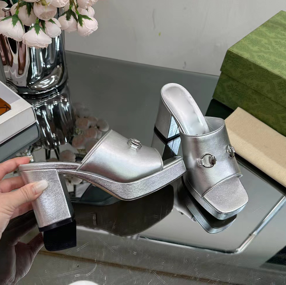 

Thick Heel Fashion Slippers Designer Casual Thick shoes Sole Platform Women Sandals Genuine Leather Open Toe Square Toe Metal Buckle Decoration 8.5cm High Heels, Green