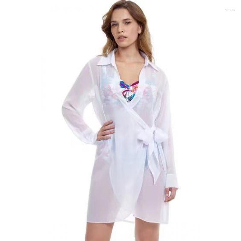 

Women's Swimwear Women Sarong Dress Shirt V-neck Beach Cover Up See Through Sunscreen Suit Cover-ups Transparent Mesh Cardigan Kimono, White