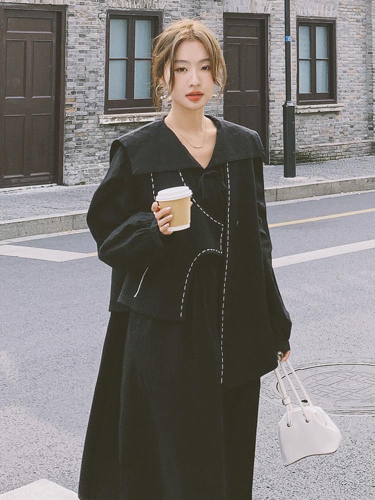 

Casual Dresses SuperAen Black Navy Collar Vest Dress Women Long 2023 Spring Loose Korean Style Shirt Two-piece Set