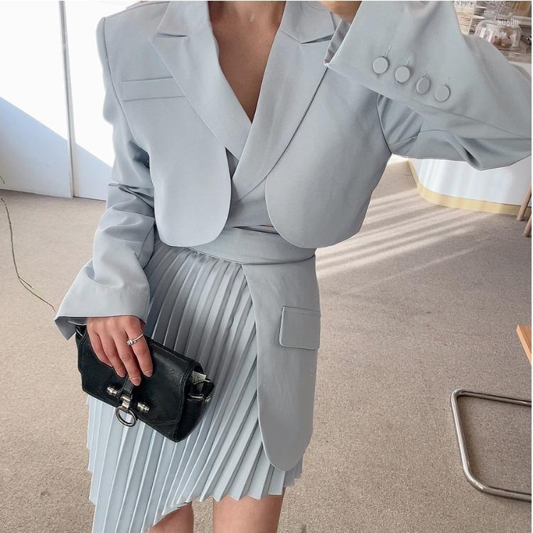 

Two Piece Dress Skirt Suits Fake Blazer Femenino Cropped White Pleated Irregular Skirts Sets Temperament Bodycon Office Lady Jacket, Beige