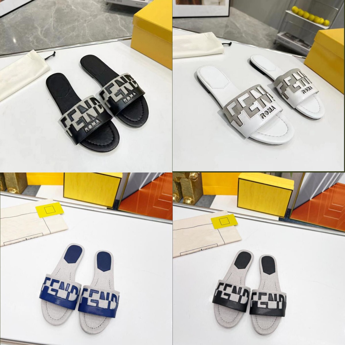 

New Designer Slides Slippers Women Black Withe Banded Flats Sandals Leather Embellished Baguette Pattern Ladies Sexy Letter Beach Summer Shoes