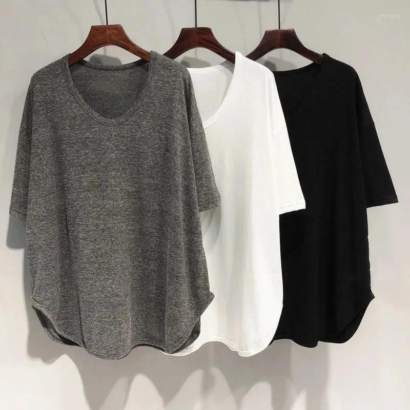 

Women's T Shirts Women Spring Summer Curved Hem Korean Loose Mid-length V-Neck T-Shirts Short Batwing Sleeve Casual Solid Thin Tops, Gray