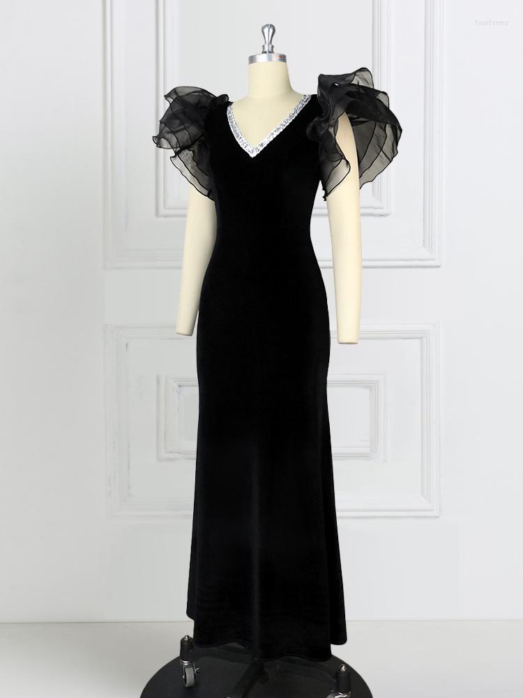 

Party Dresses Sexy V-neck Butterfly Sleeve Evening Black Un Vestido Beautiful Solid Color Tulle Full-lenght Cocktail Prom Ball Gown