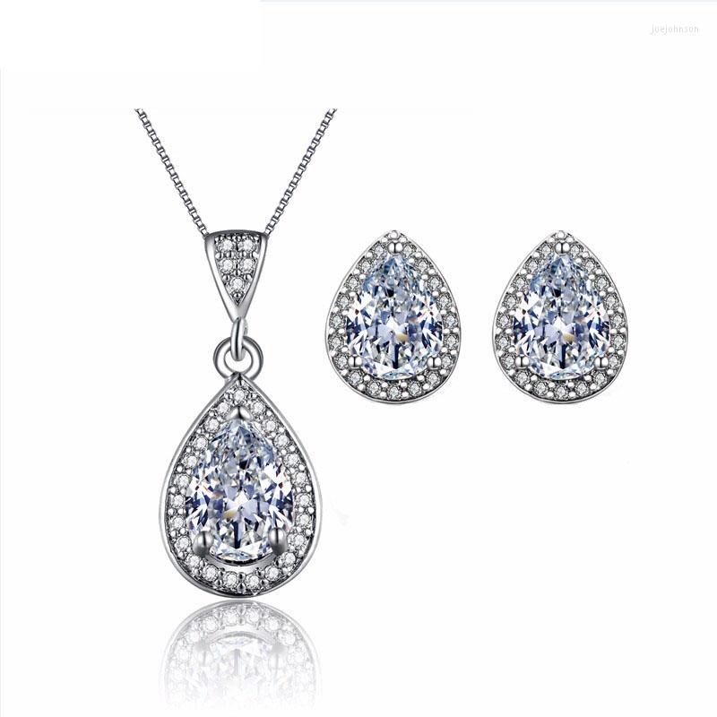

Necklace Earrings Set Water Drop CZ Wedding For Brides White Gold Color Earring Sets Parure Bijoux ASM019, Picture shown