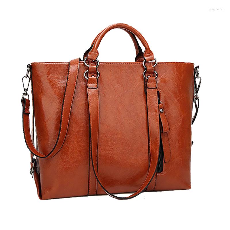 

Evening Bags Fashion Women Handbag PU Oil Wax Leather Bag Large Capacity Tote Big Ladies Shoulder WH15, Brown