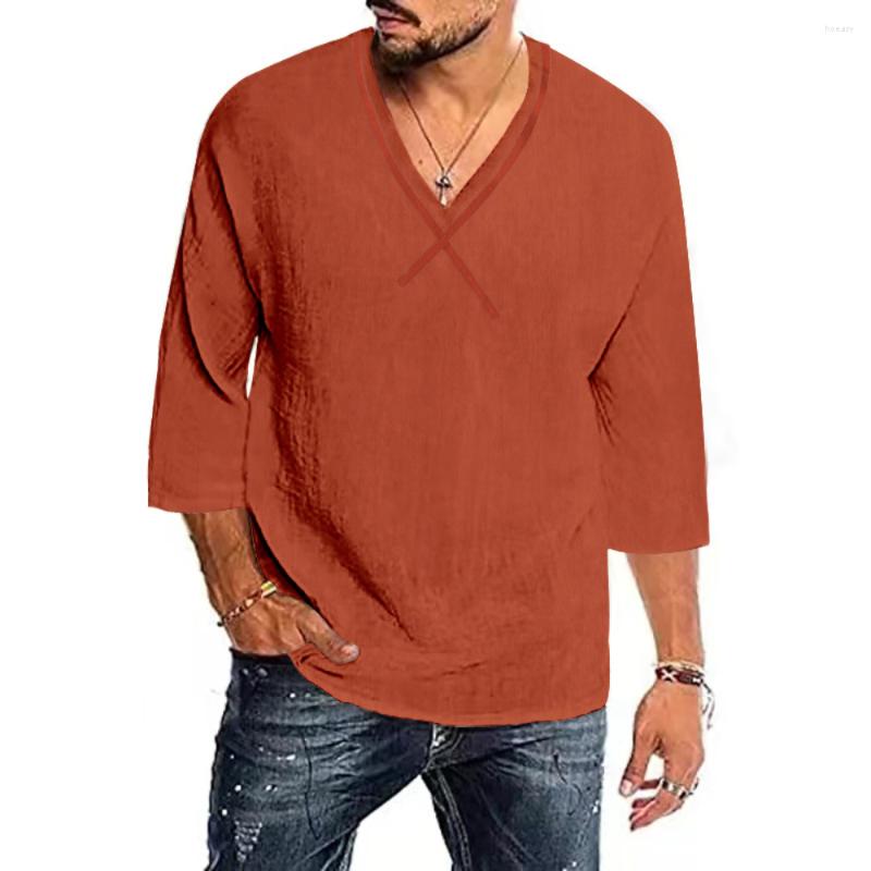 

Men's T Shirts Men's Casual Blouse Cotton Linen Shirt Loose Tops Middle Long Sleeve V Neck Spring Summer Handsome, Dark khaki