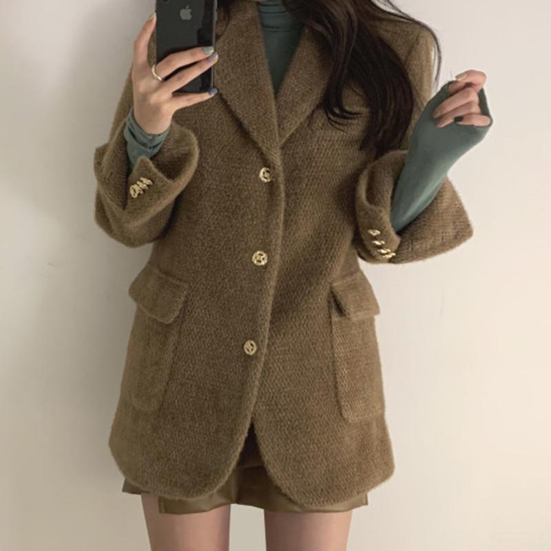 

Pants Autumn winter vintage notched collar three buttons woolen blazer women straight double pockets thick warm small suit, Blue