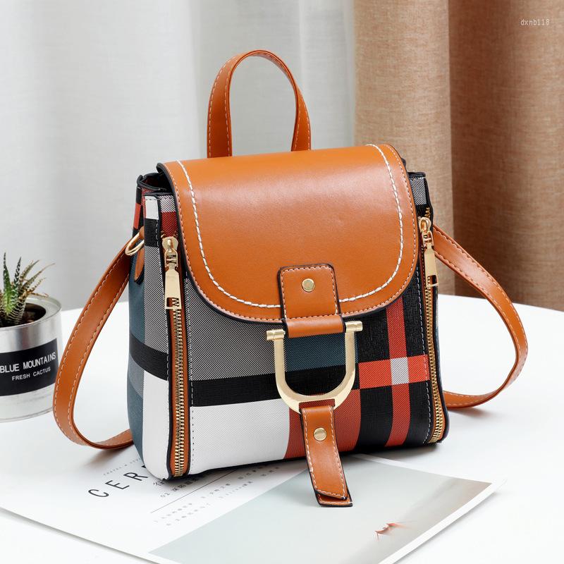 

School Bags Checker Backpack Women's Bag 2023 Fashion Versatile Soft Leather Shopping, Beige