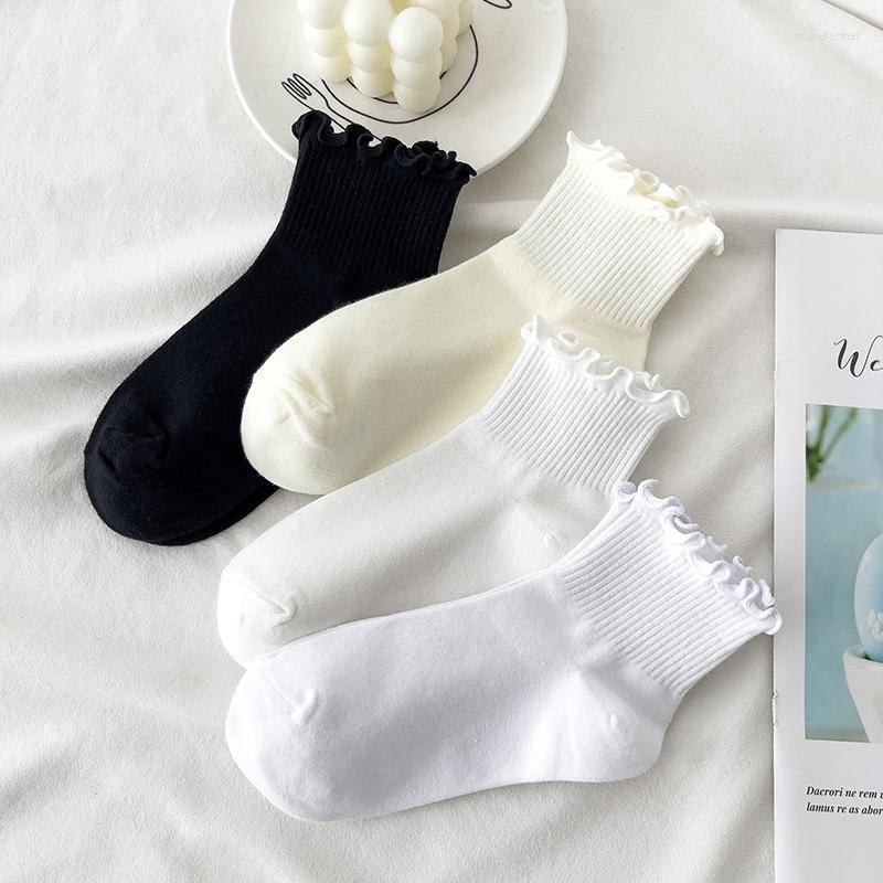 

Women Socks Ruffle JK For High Quality Cotton Spring Summer Fashion Versatile Solid Color Black Soft Sports, White