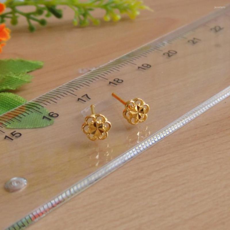 

Stud Earrings Solid Pure 24Kt Yellow Gold Women Mini Hollow Flower 0.8-1g 6mmW
