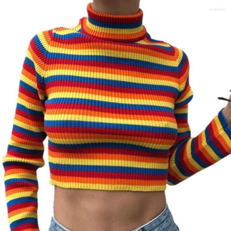 

Women's Sweaters 2023 Women Turtleneck Fashion Rainbow Knitted Pullovers Autumn Winter Sweater Female Tight Knitwear Streetwear