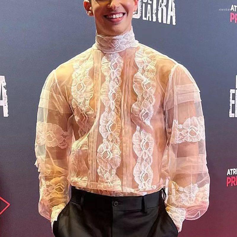 

Men's Casual Shirts 2023 Spring Summer Fashion Men Turtleneck Hollow Long Sleeve Lace Floral Embroidery Transparent Thin Party Shirt Tops, White