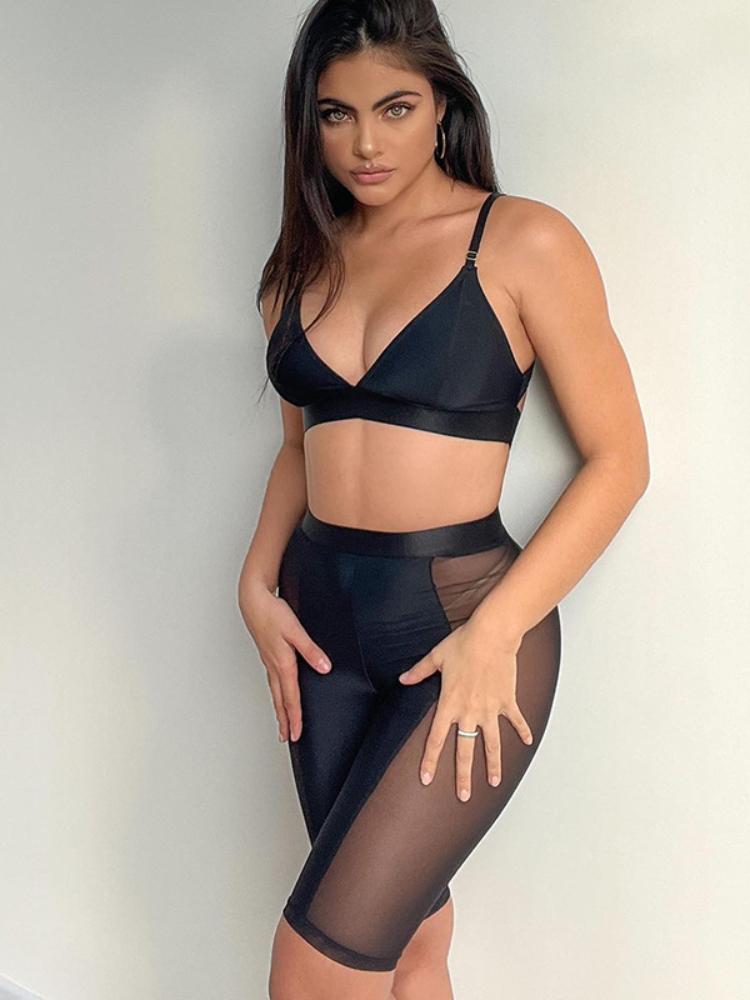 

Dress 2022 Summer Sport Set Women 2 Two Piece Crop Top Bra Legging Shorts Suits Sexy Patchwork Mesh Fitness Running Biker Shorts Set, Black