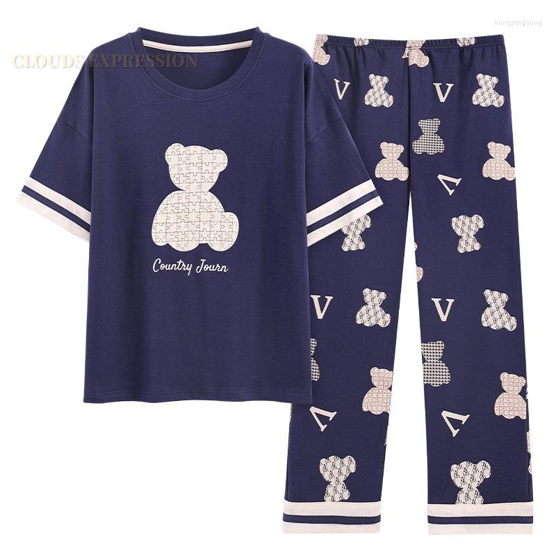 

Women's Sleepwear Big 5XL Pajama Sets Short Sleeved Cartoon Bear Knitted Cotton Plaid Elegant Women's Pajamas Lounge Home Pijama Mujer, W26