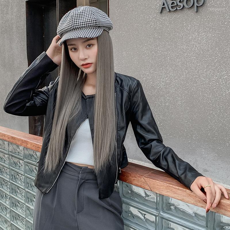 

Ball Caps 202302-shi Drop Fashion Hat Patchwork Long Straight Hair Lady Baseball Bomber Women Leisure Visors Cap, White h purple hair