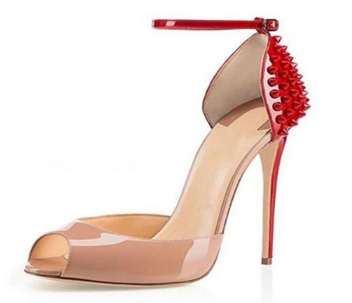

Women New Fashion Patent High Heels Dress Shoes Sexy Fishmouth Highheeled Sandals Stiletto Rivets with Buttons Sandals 10cm EU 36318243, Beige