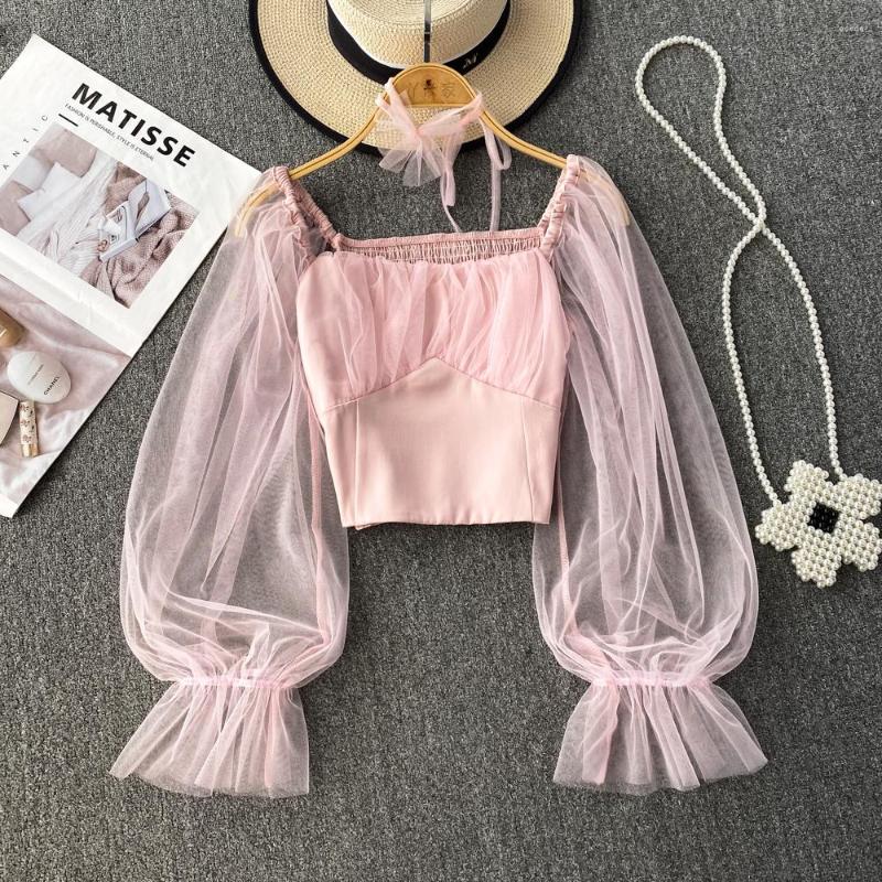 

Women's Blouses Fashion Sweet Short Blouse French Style Square Collar Puff Sleeve Mesh Shirt Top 2023 Spring Summer Women Streetwear OL, Black