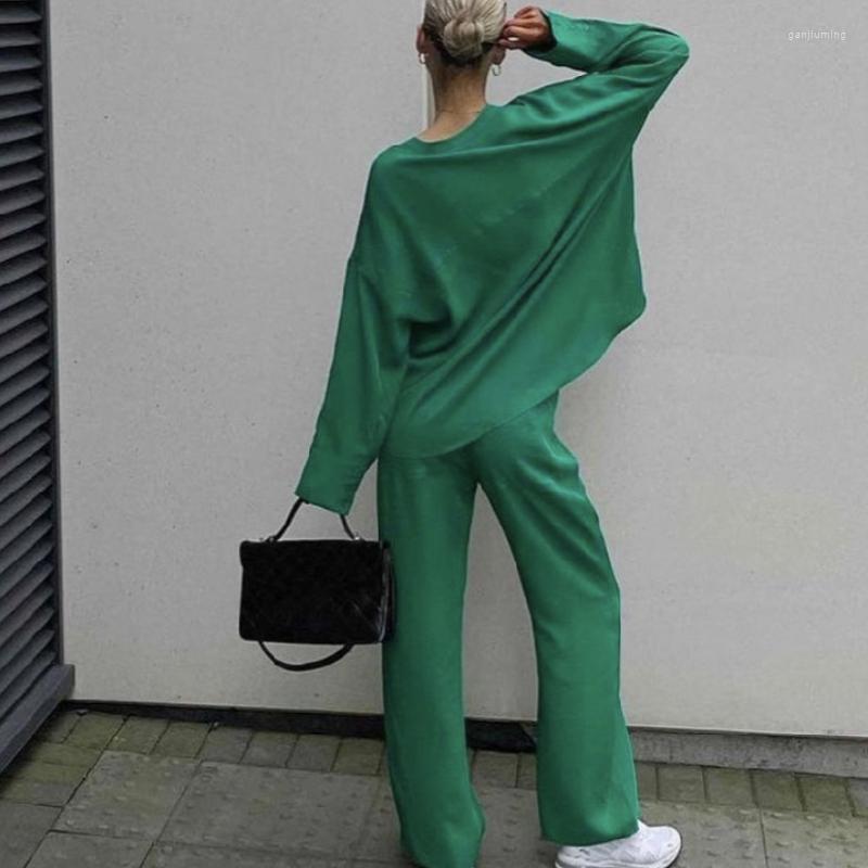 

Women's Two Piece Pants Candy Color Women Robes With Sashes 2 Set Wrist Sleep Tops Satin Loose Pajamas Casual Sleepwear Female Home Suits, Black pants