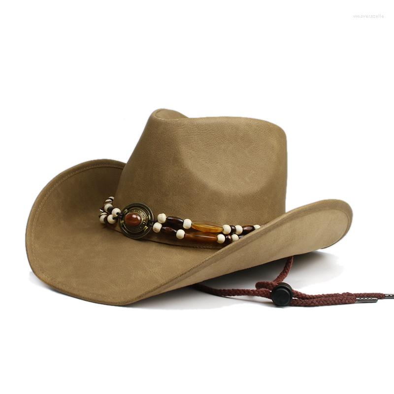 

Berets Unisex Women Men Retro Brown Knitted Band PU Leather Roll Up Wide Brim Sombrero Sun Cap Beach Cowboy Cowgirl Western Hat Adjust, No.1 solid khaki