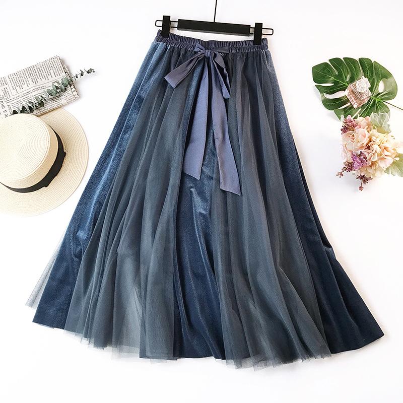 

Skirts Spring Autumn Women Mesh Elastic High Waist Tie Bow Velvet Skirt Female Lace Pleated Long Tutu Saias AB1273Skirts, Black