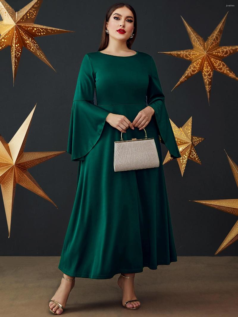 

Plus Size Dresses Add Elegant Solid Wrap Flounce Sleeve Dress, Green