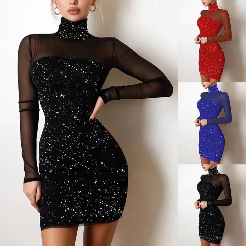 

Casual Dresses Sexy Sequins Women Party Dress High Neck Splicing Net Yarn Vintage Long Sleeve Dinner Banquet Spring Fall, Black